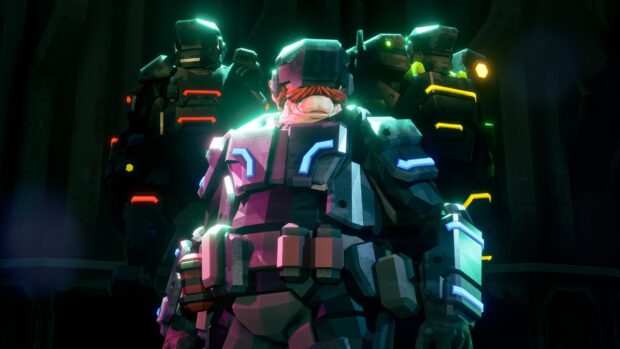 The Deep Rock Galactic characters stand ready with glowing armor in a dark setting, HD Desktop Wallpaper