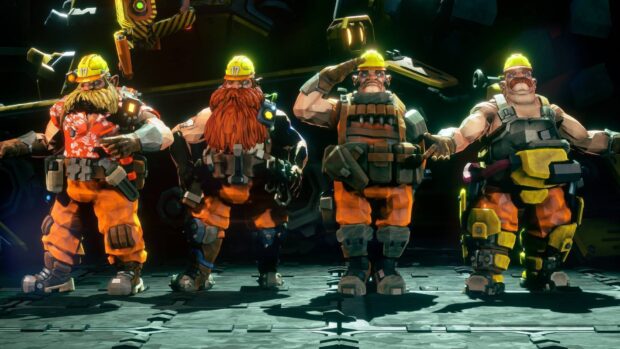 Four dwarfs prepared for mining in Deep Rock Galactic game, HD Desktop Wallpaper