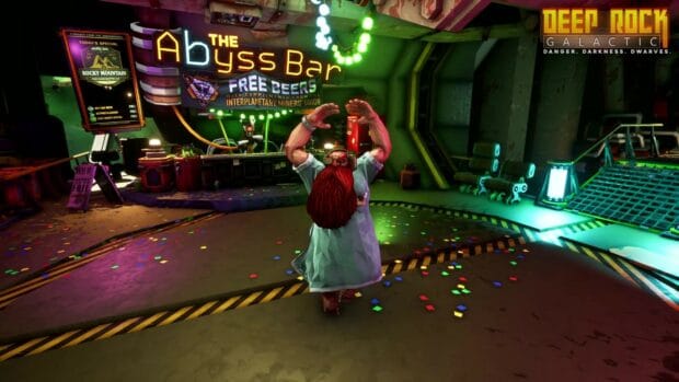 A dwarf is dancing happily inside a colorful bar in Deep Rock Galactic, HD Desktop Wallpaper