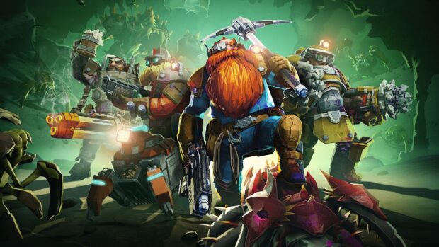 A group of dwarves armed for battle stands together in a cavern, Deep Rock Galactic, 4K Desktop Wallpaper