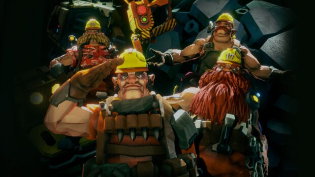 The Deep Rock Galactic dwarves stand united in mining gear, 4K Desktop Wallpaper