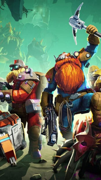 The Deep Rock Galactic characters are ready for battle in a vibrant scene, HD Phone Wallpaper