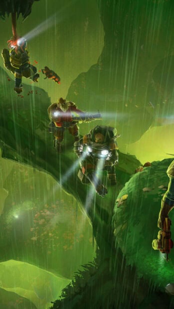 The Deep Rock Galactic team explores a glowing green cave with flashlights during heavy rain, 2K Mobile Wallpaper