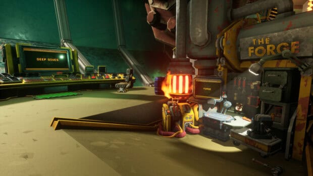 The Deep Rock Galactic forge room is illuminated with a warm fire and detailed equipment, HD Desktop Wallpaper