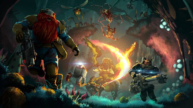 Deep Rock Galactic features dwarves fighting cave creatures with flamethrowers and weapons, HD Desktop Wallpaper
