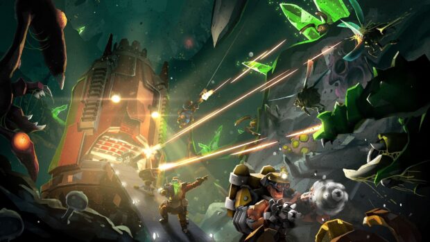 Deep Rock Galactic warriors fight alien creatures in a fiery underground cavern, HD Desktop Wallpaper