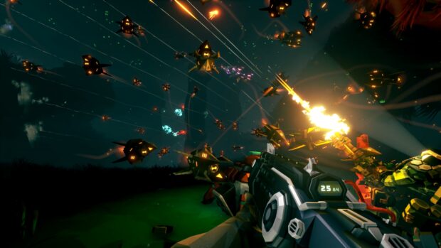 The Deep Rock Galactic wallpaper shows a player firing at multiple glowing flying creatures, 4K Desktop Wallpaper