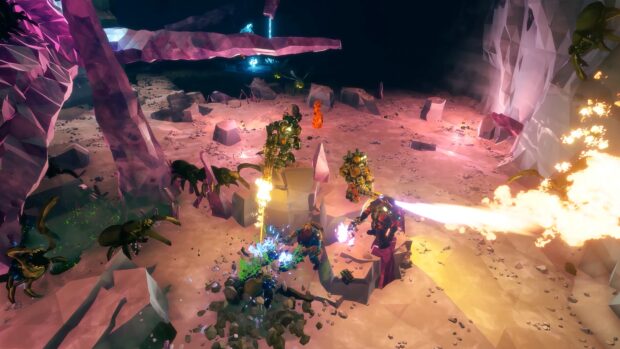 A group of Deep Rock Galactic characters fighting alien creatures in a colorful cave, 4K PC Wallpaper