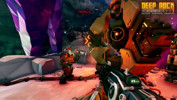 A Deep Rock Galactic player exploring a cave with a mining robot in the background, HD Desktop Wallpaper