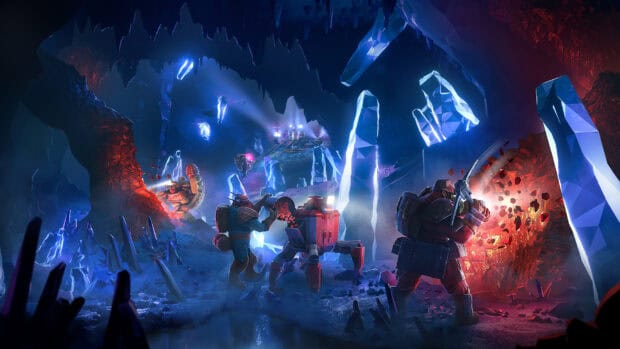 The Deep Rock Galactic mining team explores a glowing cavern filled with crystals and minerals, HD Desktop Wallpaper