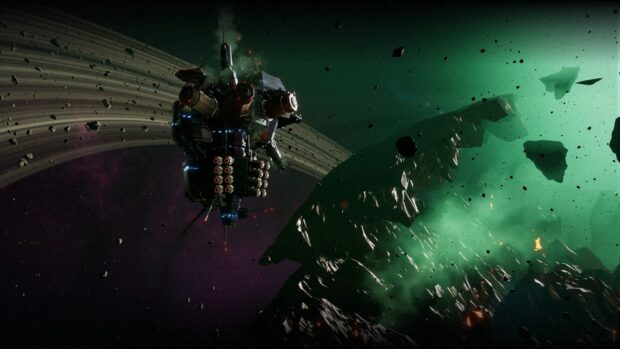 A detailed scene from Deep Rock Galactic showing a space station near asteroid debris, HD Desktop Wallpaper