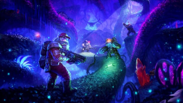 A Deep Rock Galactic team is cautiously exploring glowing alien caves filled with strange flora and creatures, HD Desktop Wallpaper