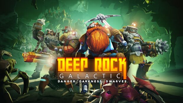The Deep Rock Galactic characters prepare for battle against creatures in a dark cave, 4K Desktop Wallpaper