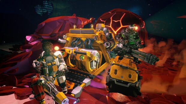 The Deep Rock Galactic team is shown working with machinery in an intense underground environment, HD Desktop Wallpaper
