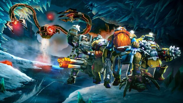 The Deep Rock Galactic team battles underground creatures in a dark cave, 4K Desktop Wallpaper