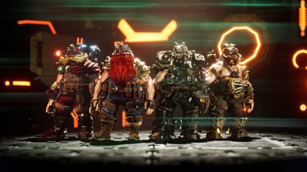 Four dwarves in armor stand ready for battle with glowing orange symbols behind in Deep Rock Galactic, 4K Desktop Wallpaper