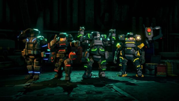 The Deep Rock Galactic team stands in glowing armor inside a dark cave, HD Desktop Wallpaper