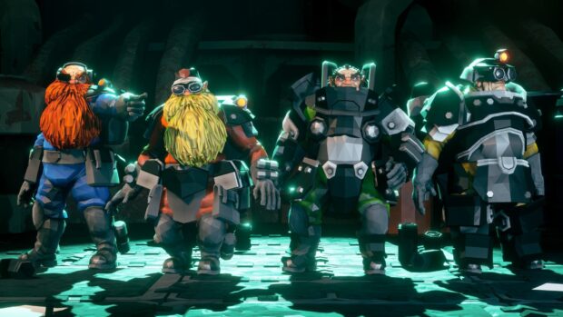 A group of four dwarves stands confidently in armored suits from Deep Rock Galactic, HD Desktop Wallpaper
