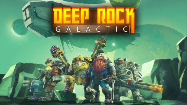 The Deep Rock Galactic team stands ready with their weapons in an alien cave environment, 4K Desktop Wallpaper