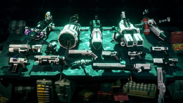 A detailed lineup of futuristic weapons from Deep Rock Galactic game displayed on a table, 4K Desktop Wallpaper