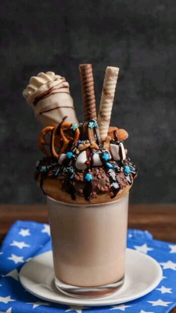 A milkshake with various chocolate and candy toppings on a glass, HD Phone Wallpaper