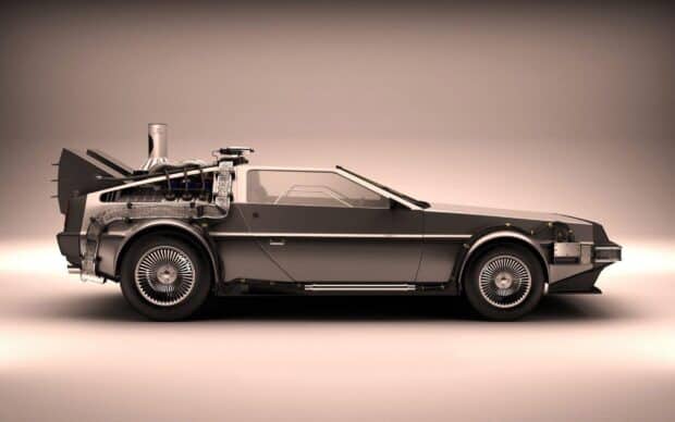 The Delorean DMC 12 features a unique stainless steel body and gull wing doors in this side view, 2K Desktop Wallpaper