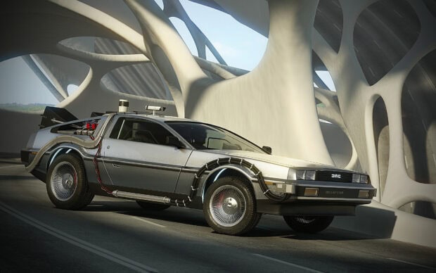 A detailed side view of a Delorean DMC 12 with added components parked under futuristic architectural structures, HD Desktop Wallpaper