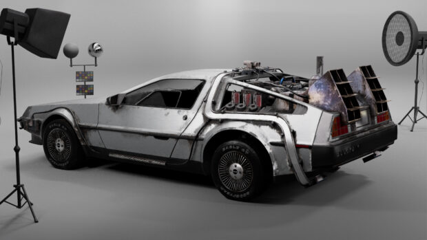 The Delorean Dmc 12 car shows detailed mechanical features and a sleek design, 4K Desktop Wallpaper