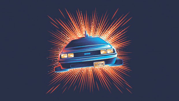A stylized Delorean Dmc 12 with glowing lights and radiant background effect, 2K Desktop Wallpaper