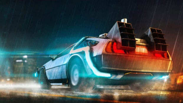 A Delorean Dmc 12 is driving through the rain with neon lights glowing around it, 2K Desktop Wallpaper