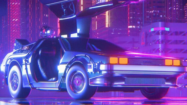 A Delorean Dmc 12 car with open gull wing doors in a neon lit futuristic cityscape, 4K Desktop Wallpaper