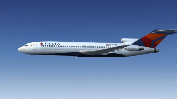 A Delta Air Lines plane flies through a clear blue sky with visible logos and tail design, HD Desktop Wallpaper