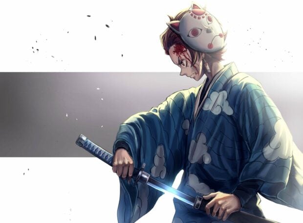 A Demon Slayer Kimetsu No Yaiba character holding a sword with determination and a bloodied face, 2K Desktop Wallpaper