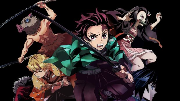 The image shows Demon Slayer Kimetsu No Yaiba characters ready for battle in a dynamic action pose, 2K Desktop Wallpaper