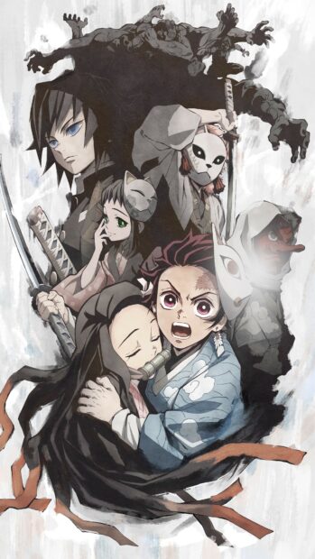 The Demon Slayer Kimetsu No Yaiba characters are shown protecting each other in a dramatic scene, 4K Mobile Wallpaper