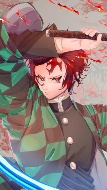 A character from Demon Slayer Kimetsu No Yaiba holds a sword ready for battle, HD Mobile Wallpaper