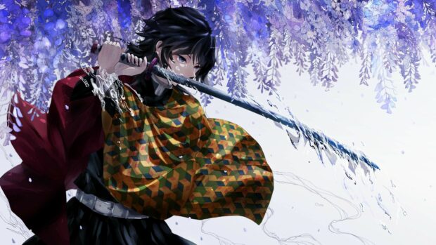 The Demon Slayer holds his sword with water flowing under purple flowers, 4K Desktop Wallpaper