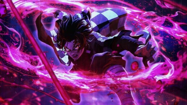 Tanjiro fighting with vibrant purple flames in Demon Slayer Kimetsu No Yaiba Wallpapers, 4K Desktop Wallpaper