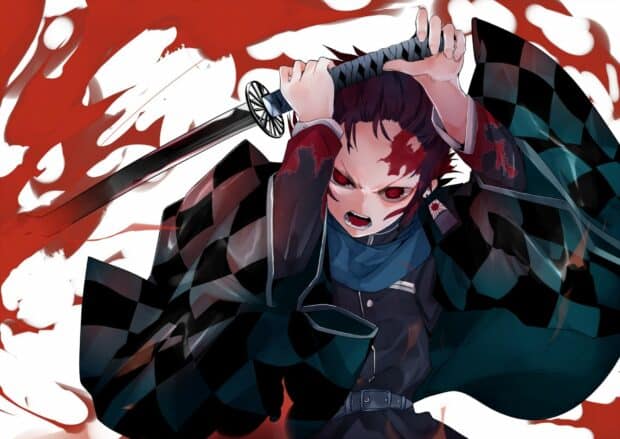 Tanjiro prepares to strike with sword and fierce expression, HD Desktop Wallpaper