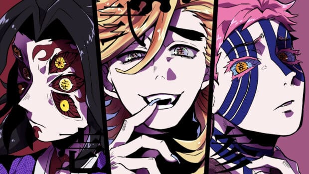 The three Demon Slayer Kimetsu No Yaiba villains with distinct eyes and expressions, 4K Desktop Wallpaper