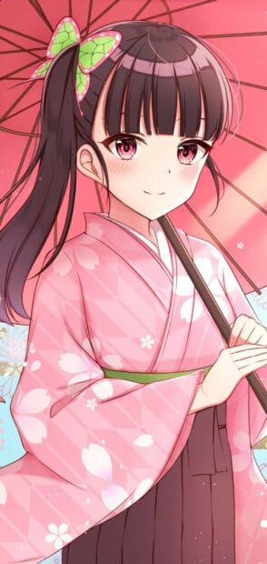 A Demon Slayer Kimetsu No Yaiba Wallpapers character wearing a pink kimono and holding an umbrella, HD Mobile Wallpaper