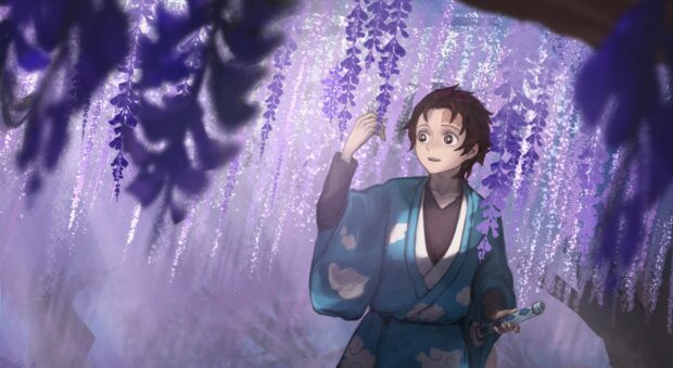 A Demon Slayer Kimetsu No Yaiba character admires hanging purple wisteria flowers in a mystical setting, HD Desktop Wallpaper
