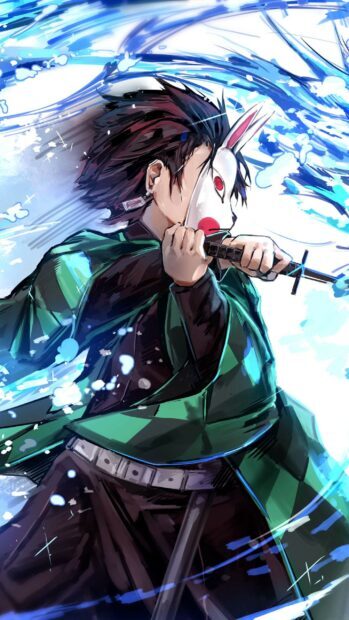A Demon Slayer Kimetsu No Yaiba character wearing a white mask and holding a sword amidst blue water effects, 2K Phone Wallpaper