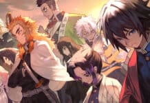 The Demon Slayer Kimetsu No Yaiba characters stand together in a detailed sunset setting, 4K Desktop Wallpaper