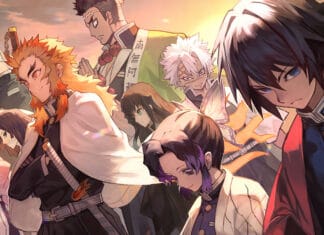 The Demon Slayer Kimetsu No Yaiba characters stand together in a detailed sunset setting, 4K Desktop Wallpaper
