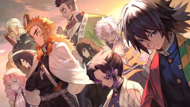 The Demon Slayer Kimetsu No Yaiba characters stand together in a detailed sunset setting, 4K Desktop Wallpaper