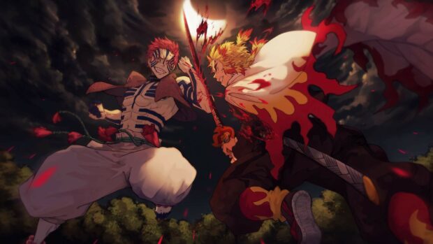 Tanjiro fights a powerful demon under the moonlight, HD Desktop Wallpaper