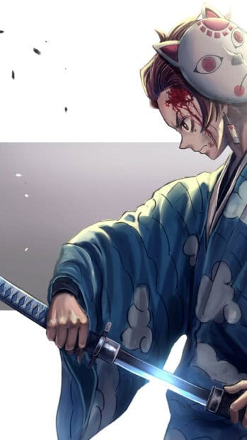 A determined Demon Slayer character holding a sword with blood on his face, 2K Mobile Wallpaper