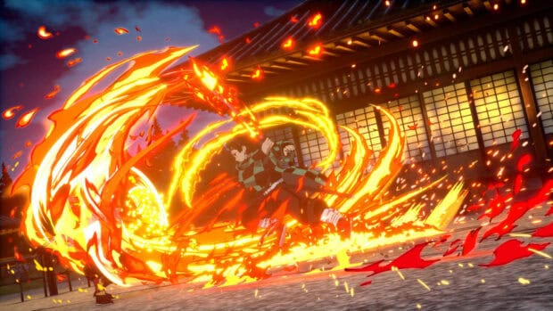 Tanjiro uses fire techniques in a fierce battle, HD Desktop Wallpaper
