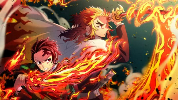 Two Demon Slayer characters wield flaming swords in an intense fight scene, 2K Desktop Wallpaper